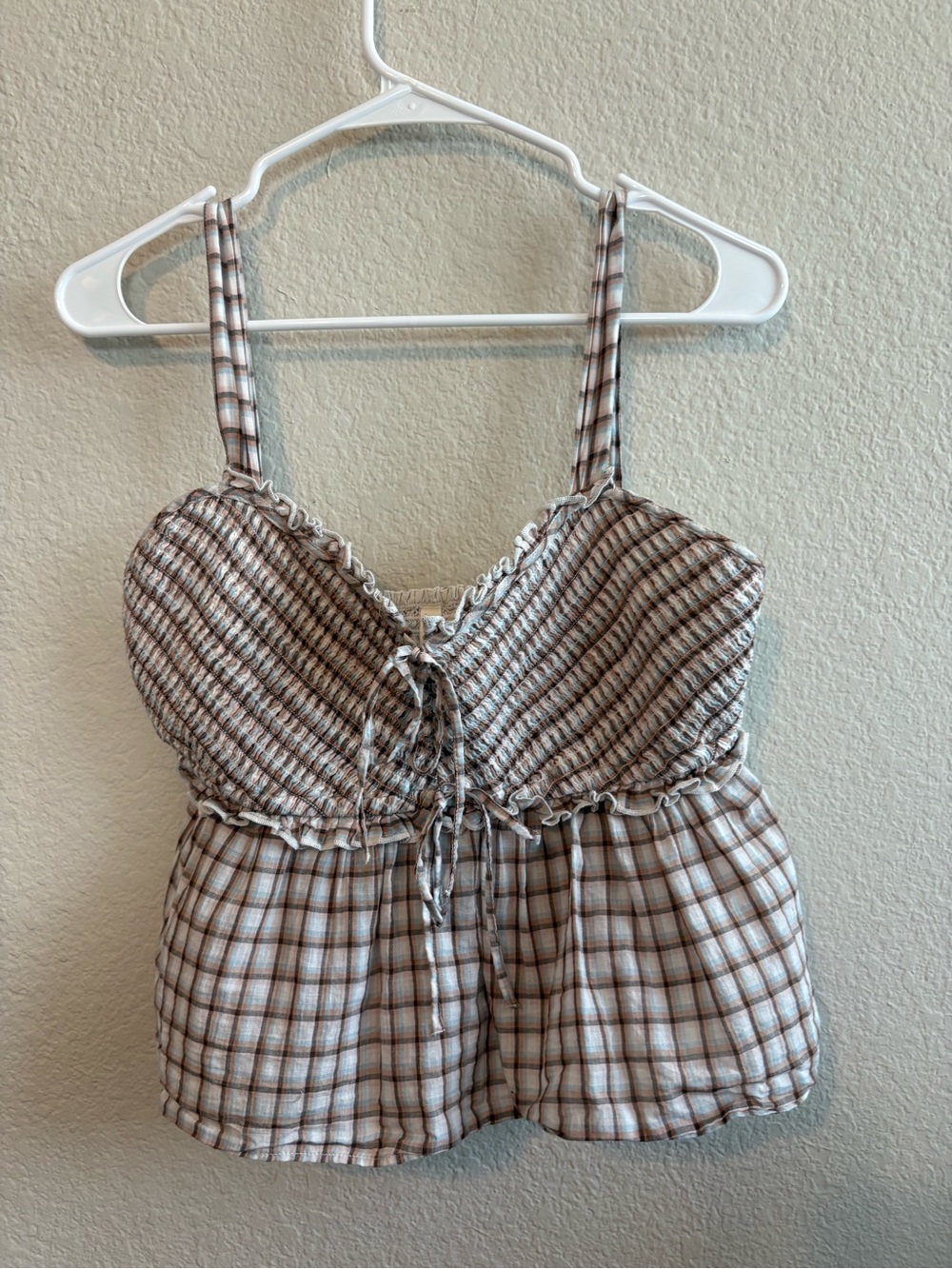 American Eagle Outfitters Beige & Brown Plaid Smocked Tank